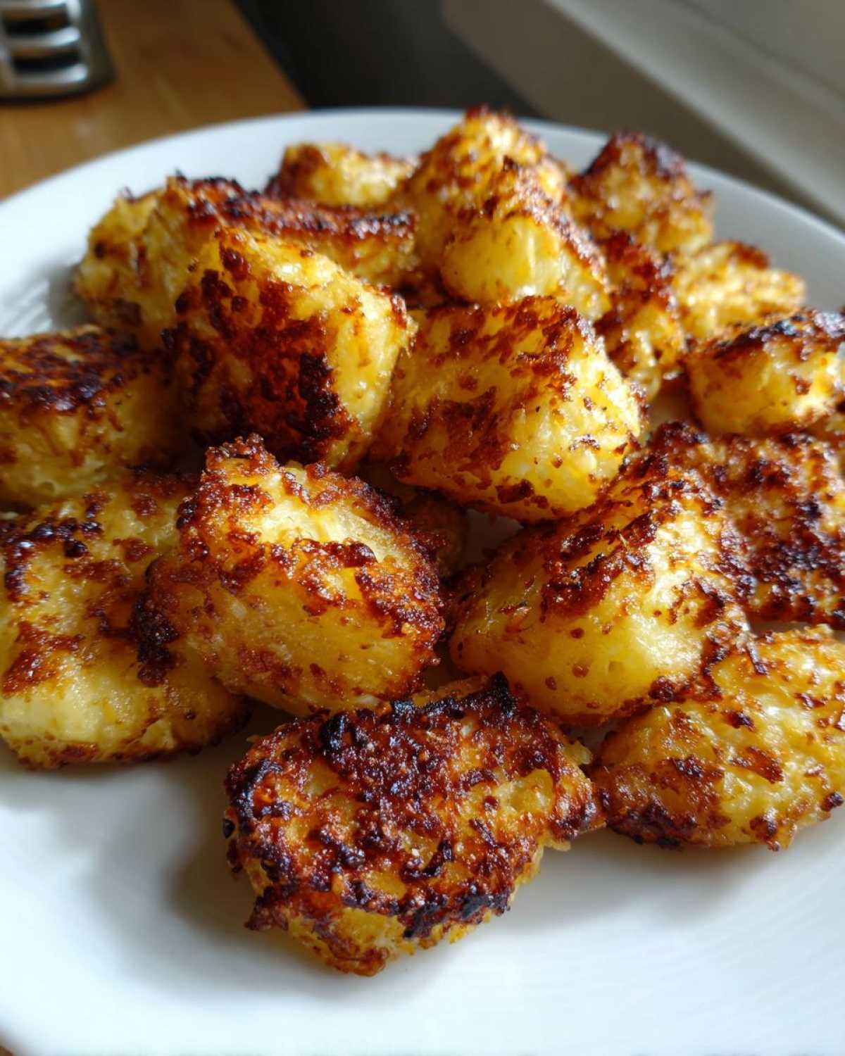 A close-up of several golden-brown, crispy Crunchy Parmesan Potatoes piled on a white plate.