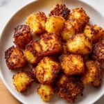 A close-up of golden brown, crispy Crunchy Parmesan Potatoes piled high on a white serving dish.