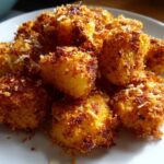 Close-up of golden brown, crispy Crunchy Parmesan Potatoes piled high on a white plate.