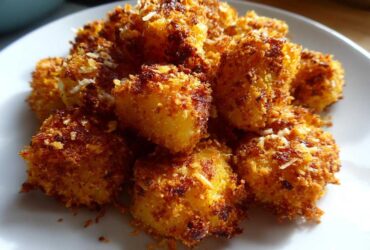 Close-up of golden brown, crispy Crunchy Parmesan Potatoes piled high on a white plate.