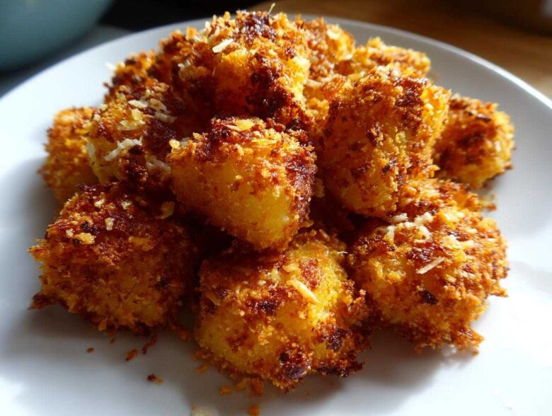 Close-up of golden brown, crispy Crunchy Parmesan Potatoes piled high on a white plate.