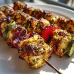 Close-up of perfectly grilled Easy Chicken Skewer Recipe for Summer Dinner with charred edges and vegetables.