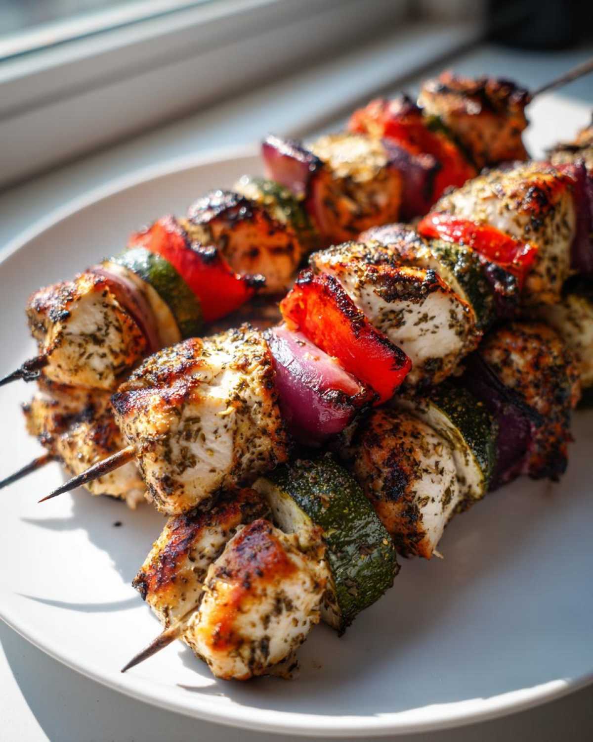 Close-up of seasoned, grilled chicken skewers with red pepper, zucchini, and onion served on a white plate.