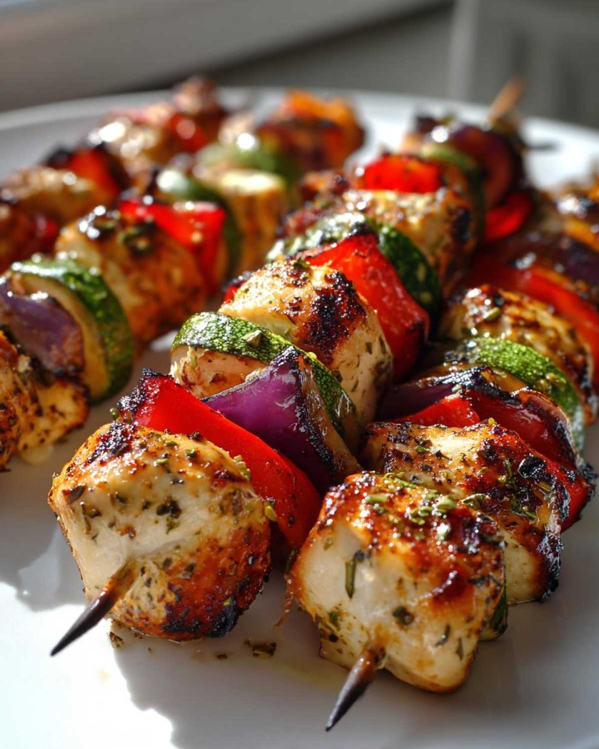 Close-up of grilled Easy Chicken Skewer Recipe for Summer Dinner with red peppers, zucchini, and red onion on a white plate.