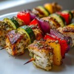 Close-up of grilled Easy Chicken Skewer Recipe for Summer Dinner featuring seasoned chicken, zucchini, red onion, and bell peppers on a white plate.