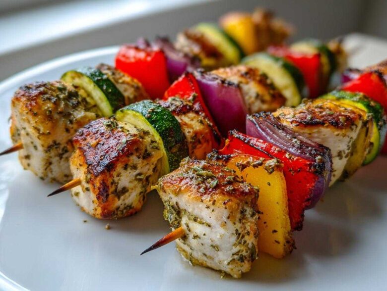 Close-up of grilled Easy Chicken Skewer Recipe for Summer Dinner featuring seasoned chicken, zucchini, red onion, and bell peppers on a white plate.
