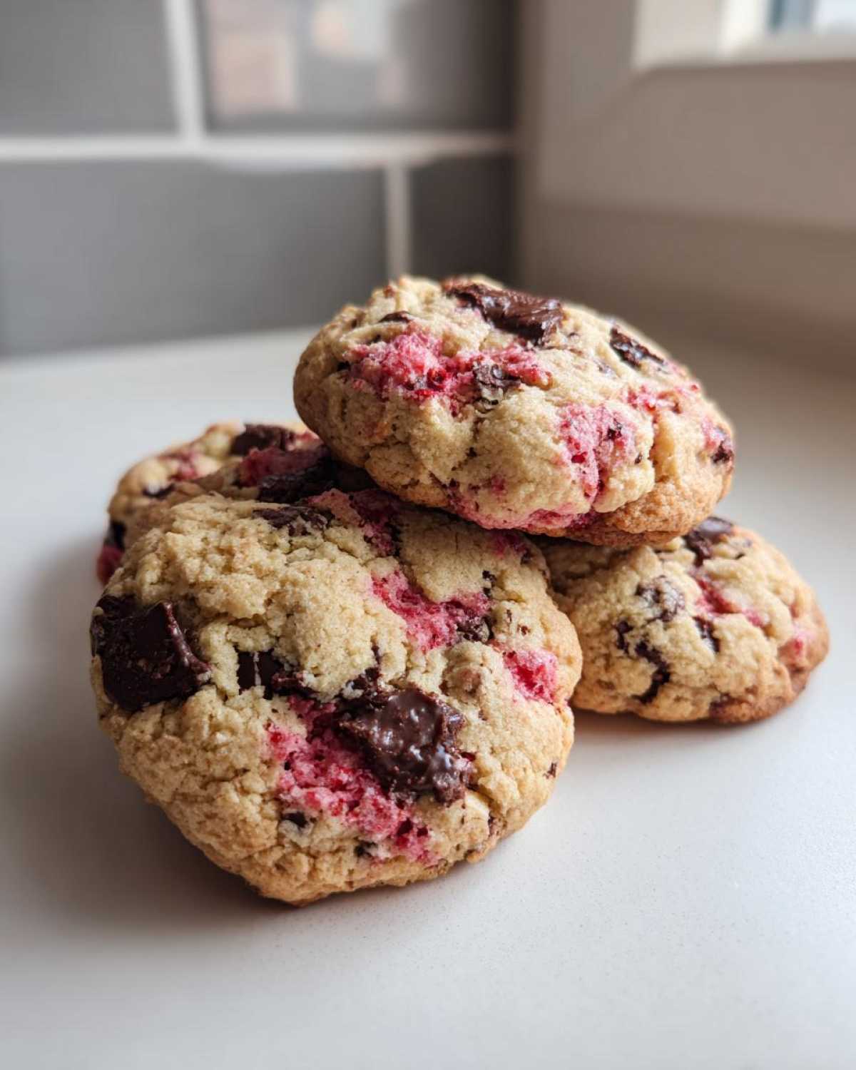 A stack of four Easy Classic Strawberry Chocolate Chip cookies with melted chocolate chunks and bright pink strawberry swirls.