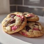Three freshly baked Easy Classic Strawberry Chocolate Chip cookies stacked on a white surface.
