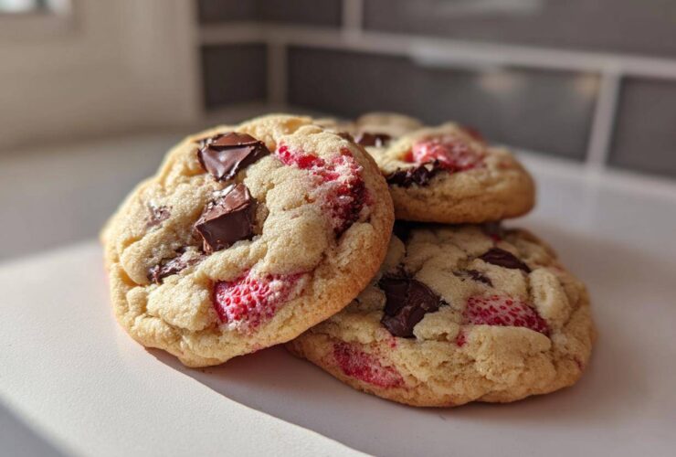Three freshly baked Easy Classic Strawberry Chocolate Chip cookies stacked on a white surface.