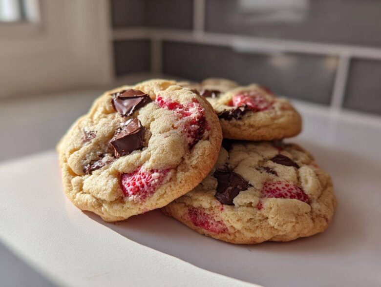 Three freshly baked Easy Classic Strawberry Chocolate Chip cookies stacked on a white surface.