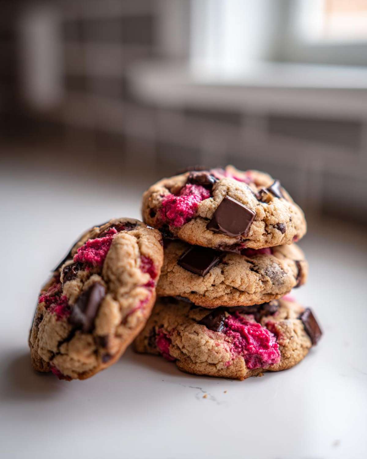 A stack of four Easy Classic Strawberry Chocolate Chip cookies featuring bright pink strawberry chunks and dark chocolate chunks.