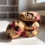 A stack of four warm Easy Classic Strawberry Chocolate Chip cookies featuring visible chunks of dark chocolate and bright pink strawberry pieces.