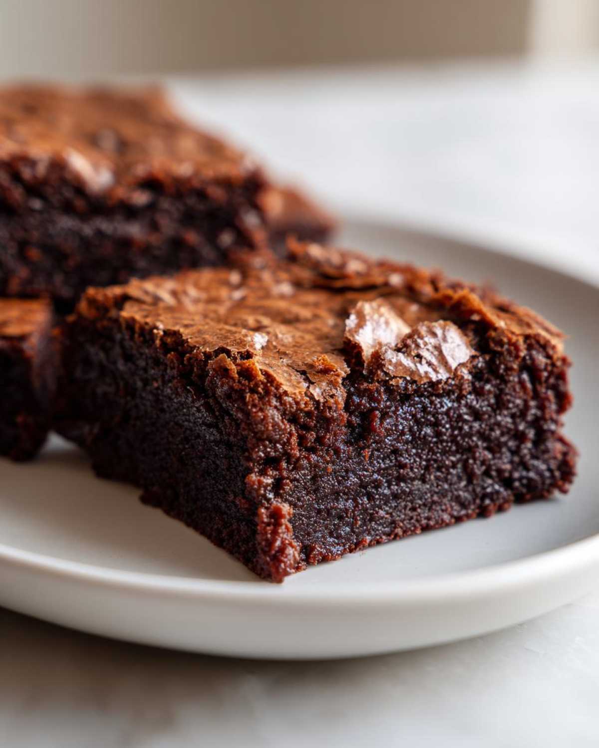 A close-up, mouth-watering shot of fudgy brownies with a shiny, crackly top served on a white plate.