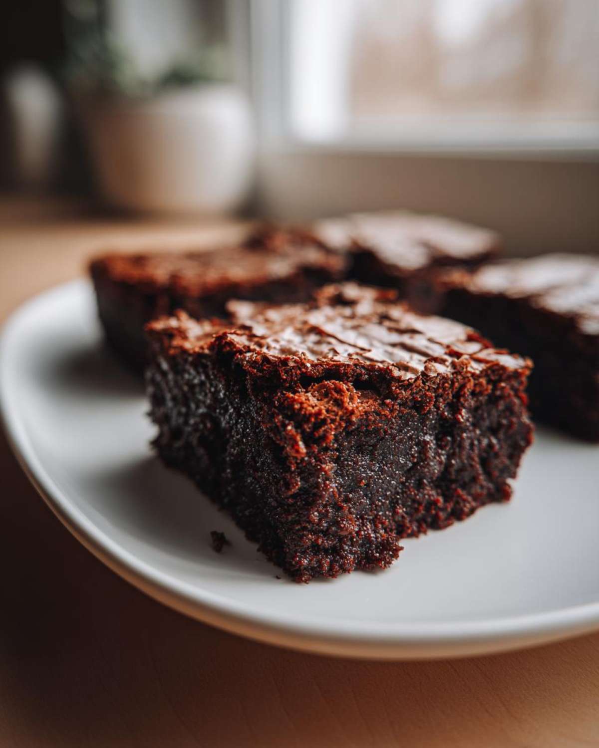 A close-up shot of a rich, fudgy piece of brownies with a shiny, crinkly top resting on a white plate.
