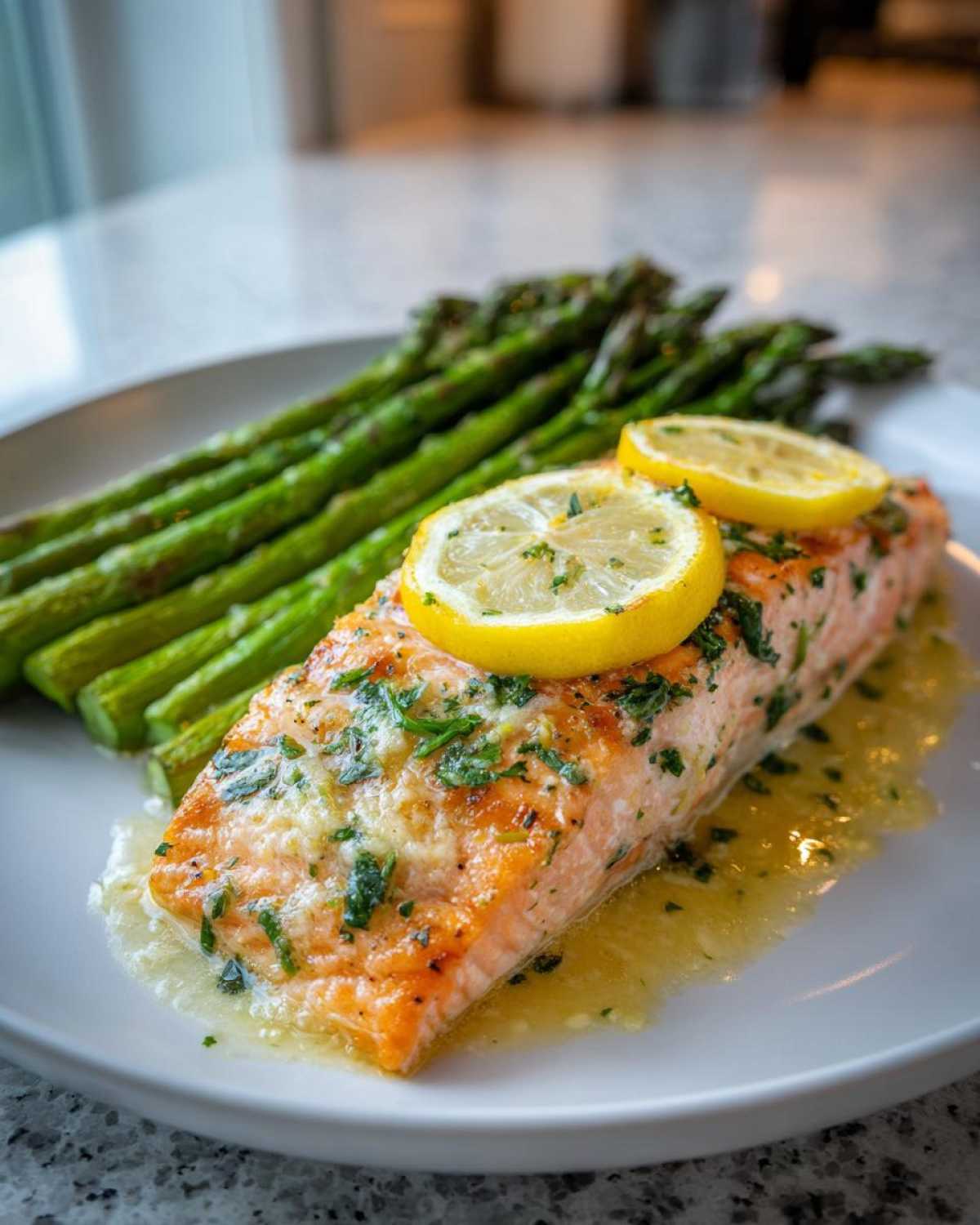Close-up of a perfectly cooked Garlic Butter Baked Salmon Dinner topped with lemon slices and parsley, served with roasted asparagus.