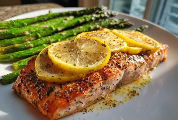 A perfectly cooked fillet of Garlic Butter Baked Salmon Dinner topped with lemon slices and served with roasted asparagus.