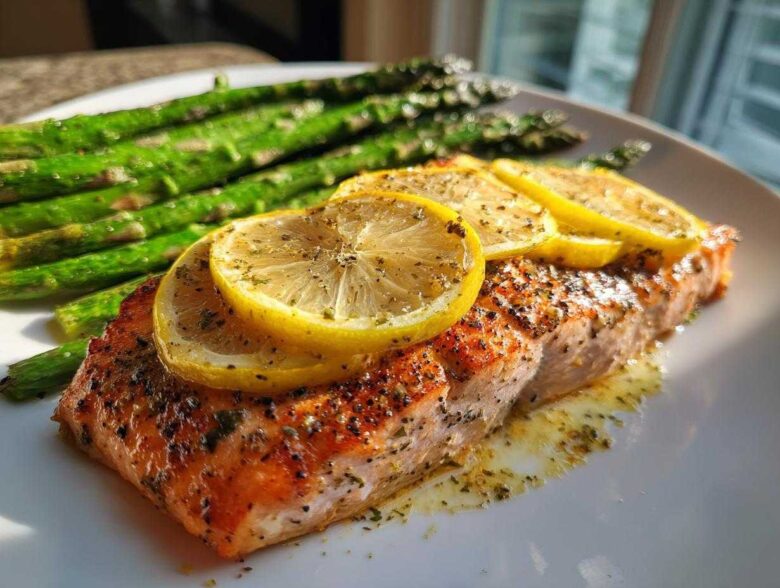 A perfectly cooked fillet of Garlic Butter Baked Salmon Dinner topped with lemon slices and served with roasted asparagus.