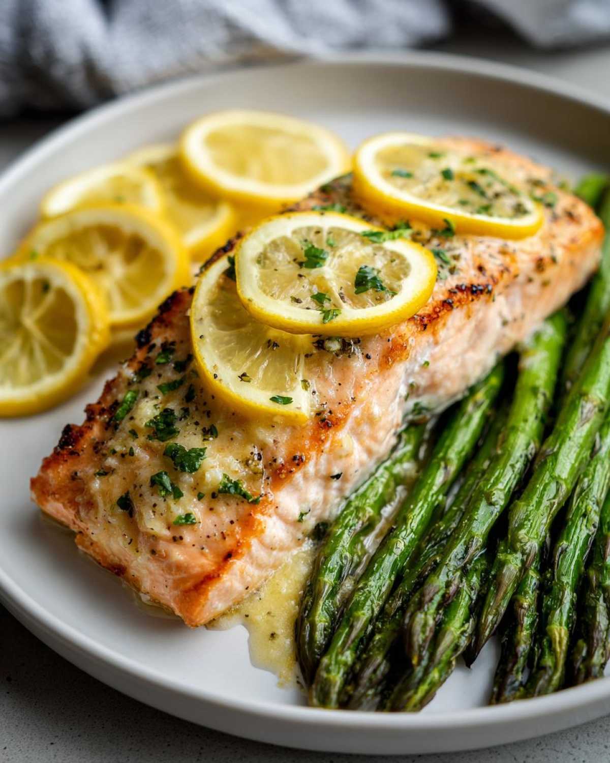 Close-up of a flaky Garlic Butter Baked Salmon Dinner topped with lemon slices and served with bright green asparagus.