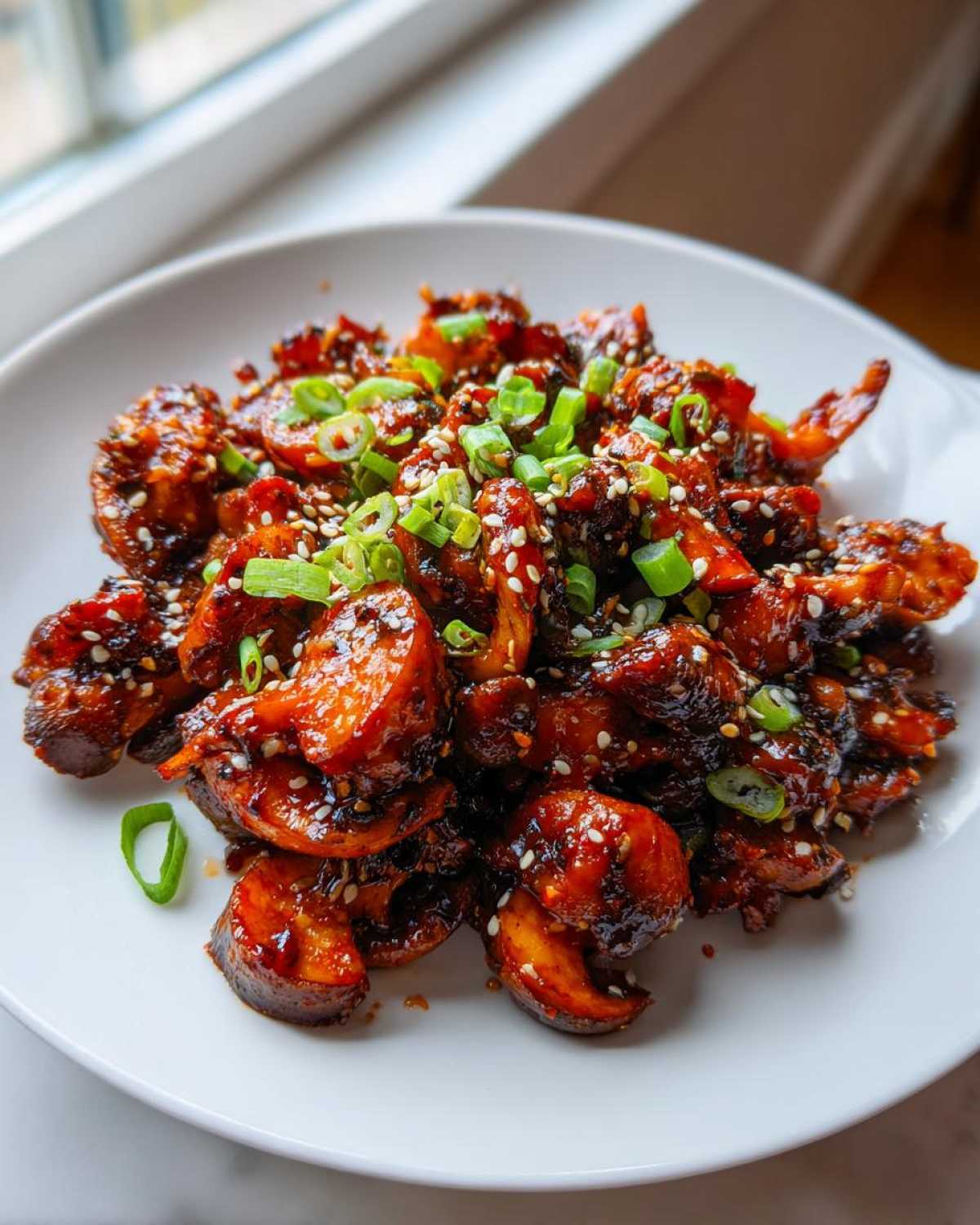 Close-up of savory Gochujang Mushrooms coated in a dark, glossy sauce, garnished with sesame seeds and green onions.