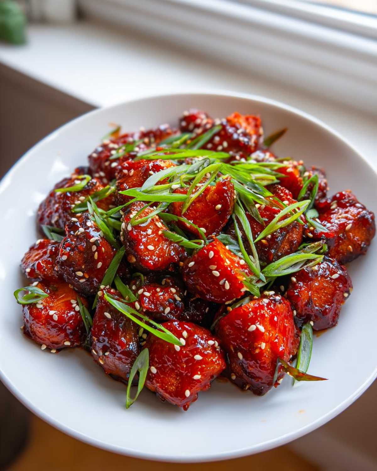 A white bowl filled with glossy, red-glazed Gochujang Mushrooms That Taste, topped with sesame seeds and sliced green onions.