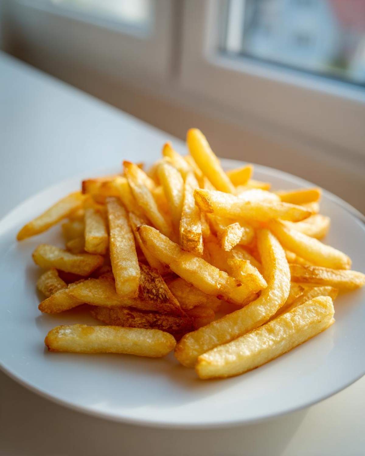 A close-up of perfectly golden Air Fryer French Fries piled high on a white plate near a window.