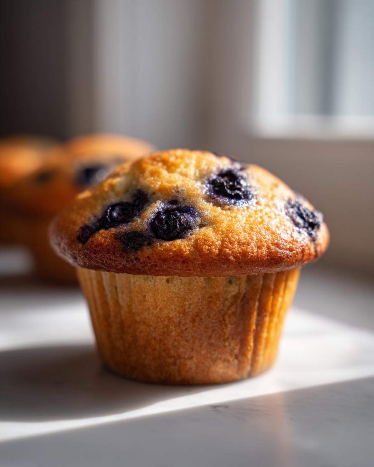 A close-up, sunlit photo of a golden-brown Blueberry Muffins with visible blueberries on top.