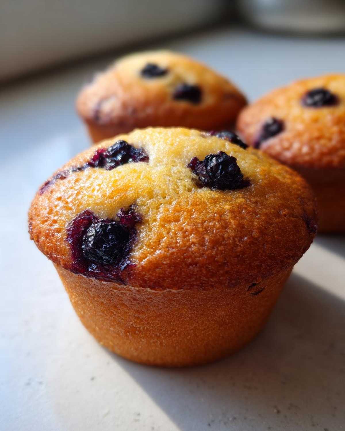 Close-up of three golden-brown Blueberry Muffins with visible burst blueberries on top, sitting in bright sunlight.