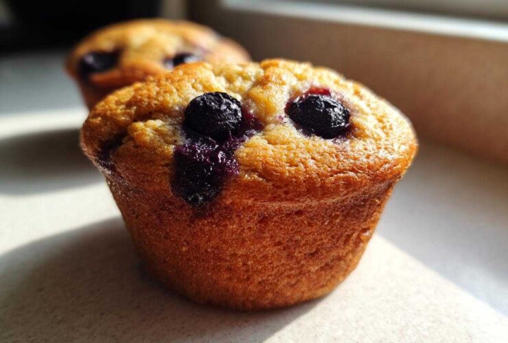 Close-up of a perfectly baked, golden-brown Blueberry Muffins top featuring burst, juicy blueberries.