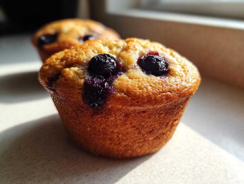 Close-up of a perfectly baked, golden-brown Blueberry Muffins top featuring burst, juicy blueberries.