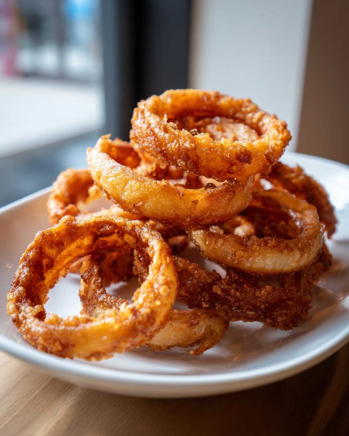 Close-up of a pile of golden, crispy onion rings served on a white plate, perfect for an Air Fryer Onion Boil.