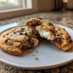 Close-up of S'Mores Cookies broken in half, showing melted chocolate and gooey marshmallow filling.