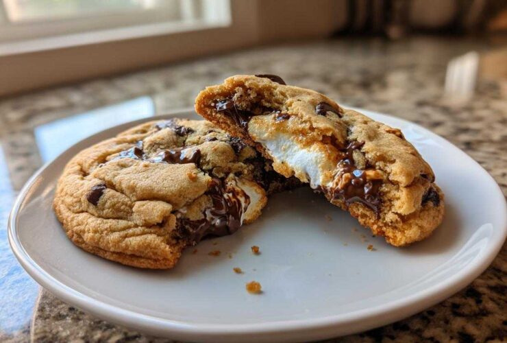 Close-up of S'Mores Cookies broken in half, showing melted chocolate and gooey marshmallow filling.