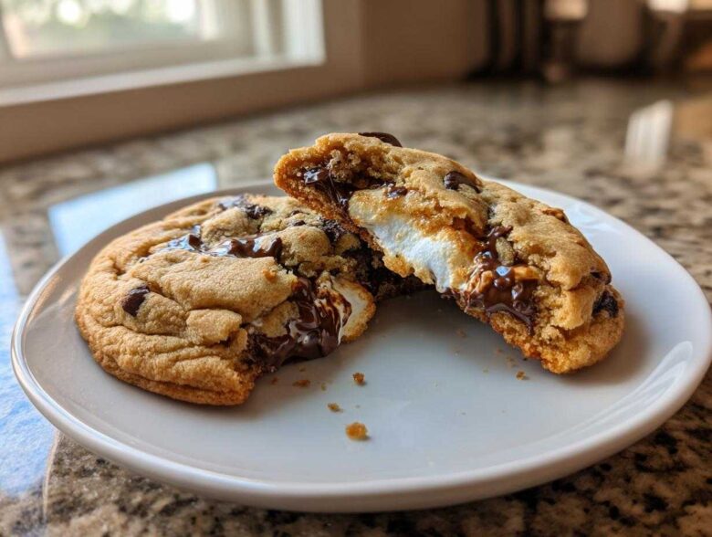 Close-up of S'Mores Cookies broken in half, showing melted chocolate and gooey marshmallow filling.