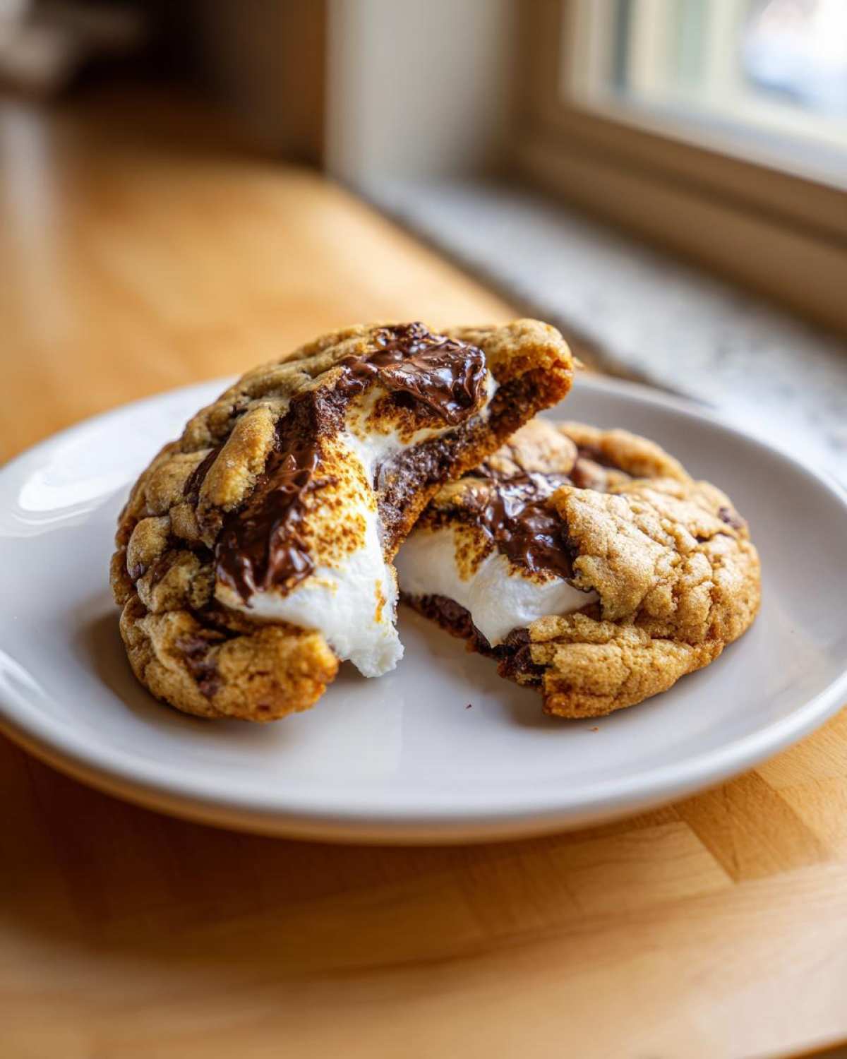 A S'Mores Cookies broken in half showing a gooey melted chocolate and marshmallow center.