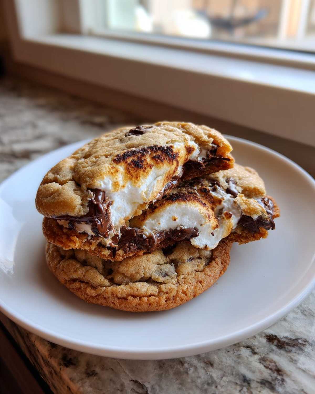 Two stacked S'Mores Cookies, broken open to show melted chocolate and toasted marshmallow filling.