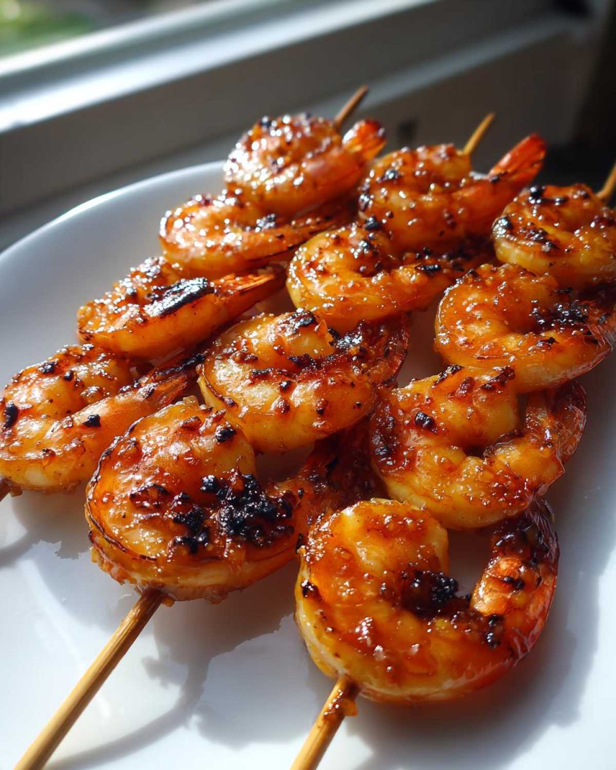 Close-up of several skewers of perfectly cooked Grilled Honey Garlic Shrimp, coated in a shiny, caramelized glaze.
