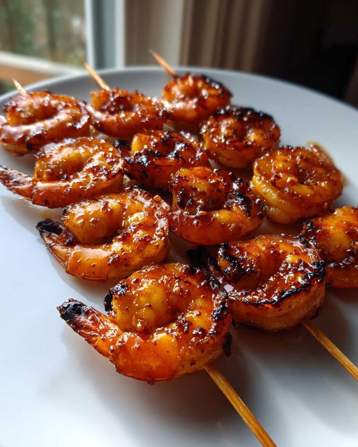 Close-up of perfectly cooked Grilled Honey Garlic Shrimp glazed with a sticky sauce on wooden skewers, resting on a white plate.