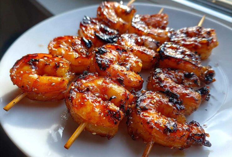 Close-up of perfectly cooked Grilled Honey Garlic Shrimp skewers glistening with glaze and sprinkled with sesame seeds on a white plate.