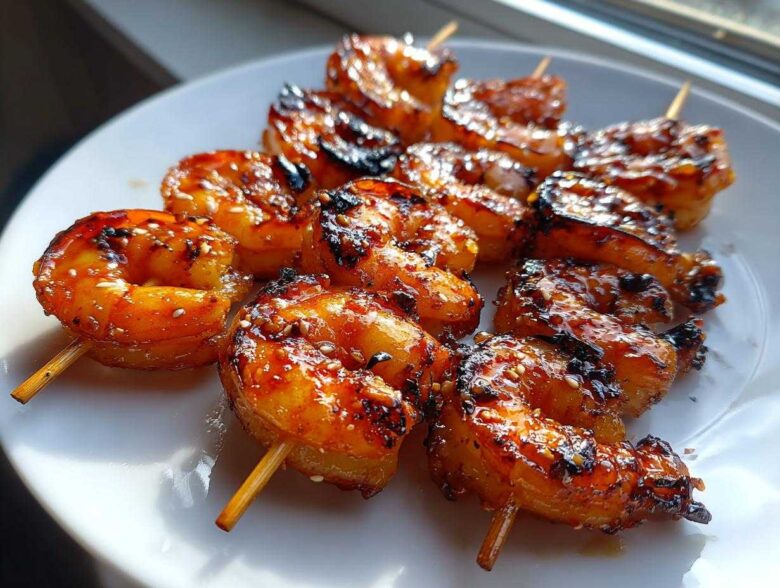 Close-up of perfectly cooked Grilled Honey Garlic Shrimp skewers glistening with glaze and sprinkled with sesame seeds on a white plate.