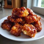 A close-up of crispy Honey Garlic Chicken Bites piled high on a white plate, coated in a shiny, dark glaze and sprinkled with sesame seeds.