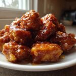 A pile of glistening Honey Garlic Chicken Bites coated in a thick, sticky sauce and sprinkled with sesame seeds.