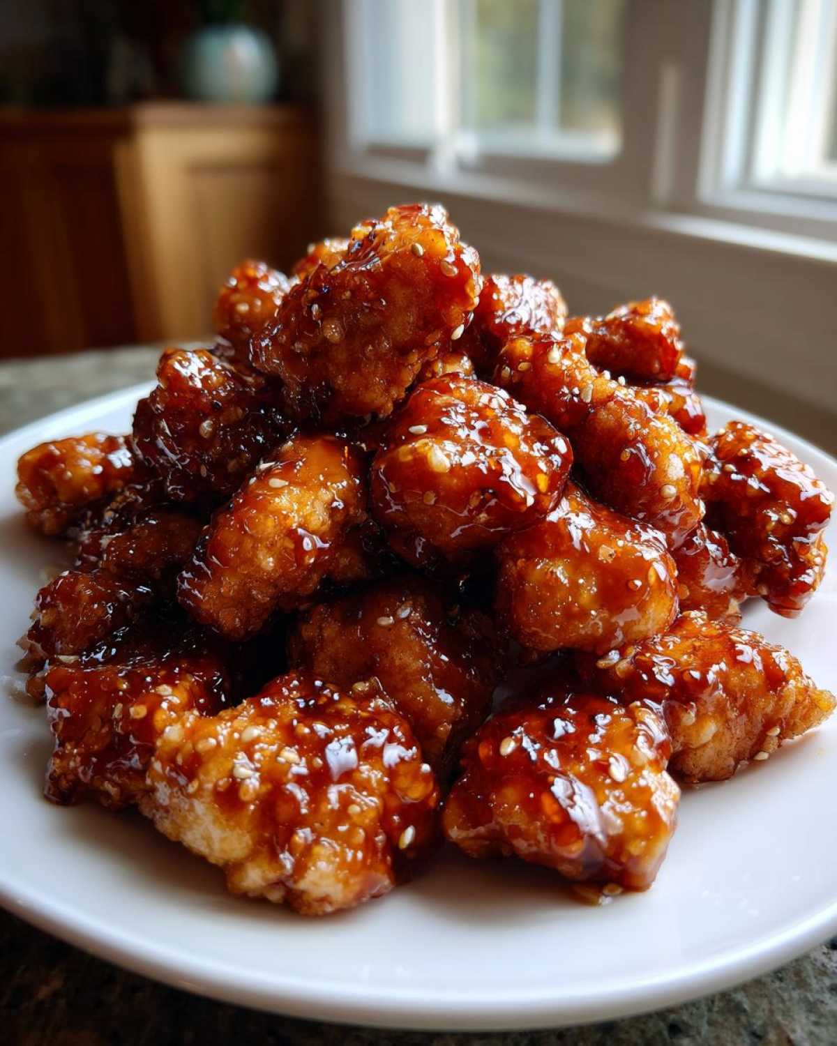 A close-up of crispy Honey Garlic Chicken Bites piled high on a white plate, coated in a shiny, dark glaze and sprinkled with sesame seeds.