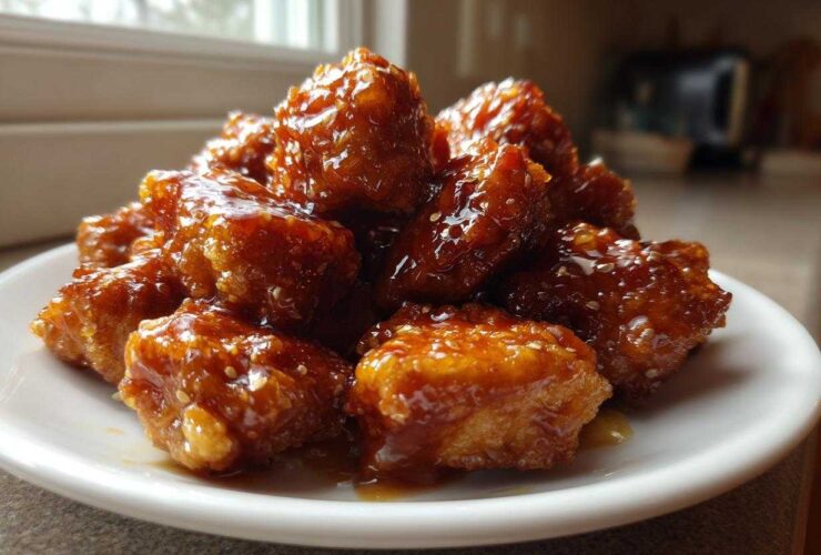 A pile of glistening Honey Garlic Chicken Bites coated in a thick, sticky sauce and sprinkled with sesame seeds.