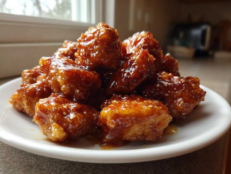 A pile of glistening Honey Garlic Chicken Bites coated in a thick, sticky sauce and sprinkled with sesame seeds.