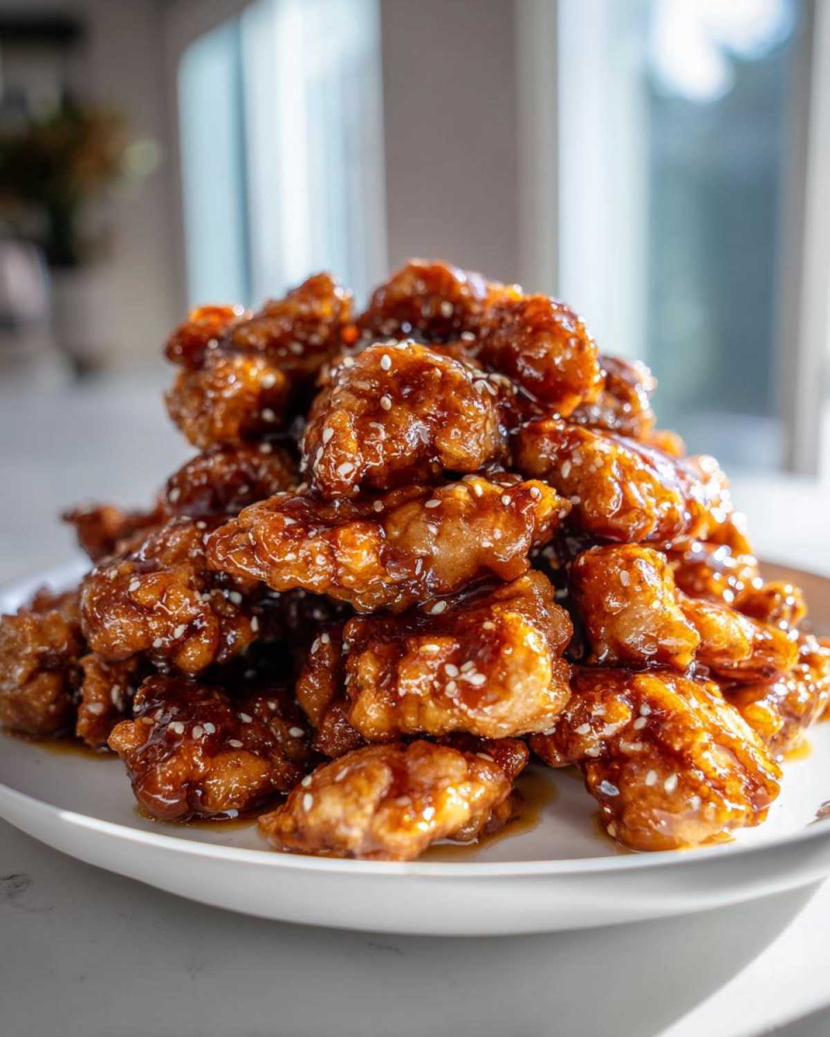 A tall pile of glistening Honey Garlic Chicken Bites coated in a thick, sweet sauce and sprinkled with sesame seeds.