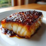 Close-up of a thick, flaky Honey Glazed Cod fillet with a dark, sticky, caramelized garlic soy glaze.