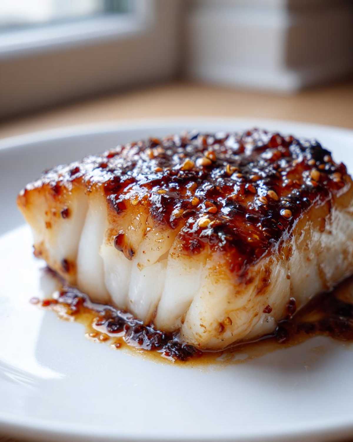 Close-up of a perfectly cooked, flaky Honey Glazed Cod fillet topped with a dark, sticky garlic soy glaze.