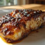 Close-up of a perfectly seared Honey Glazed Cod fillet with a sticky, caramelized garlic soy glaze.