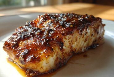 Close-up of a perfectly seared Honey Glazed Cod fillet with a sticky, caramelized garlic soy glaze.
