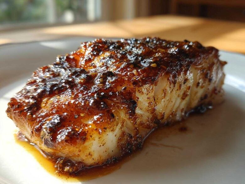 Close-up of a perfectly seared Honey Glazed Cod fillet with a sticky, caramelized garlic soy glaze.